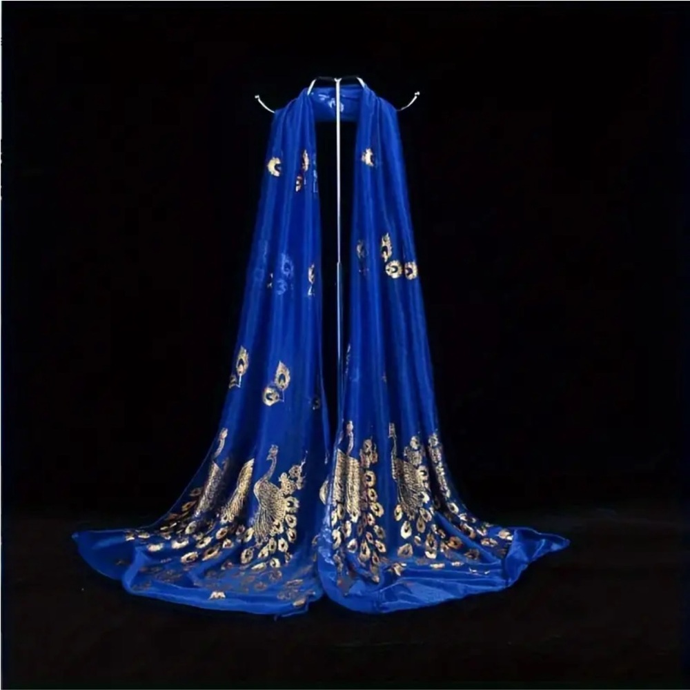 Cobalt Blue Gilded Golden Peacock Sheer Rectangular Scarf